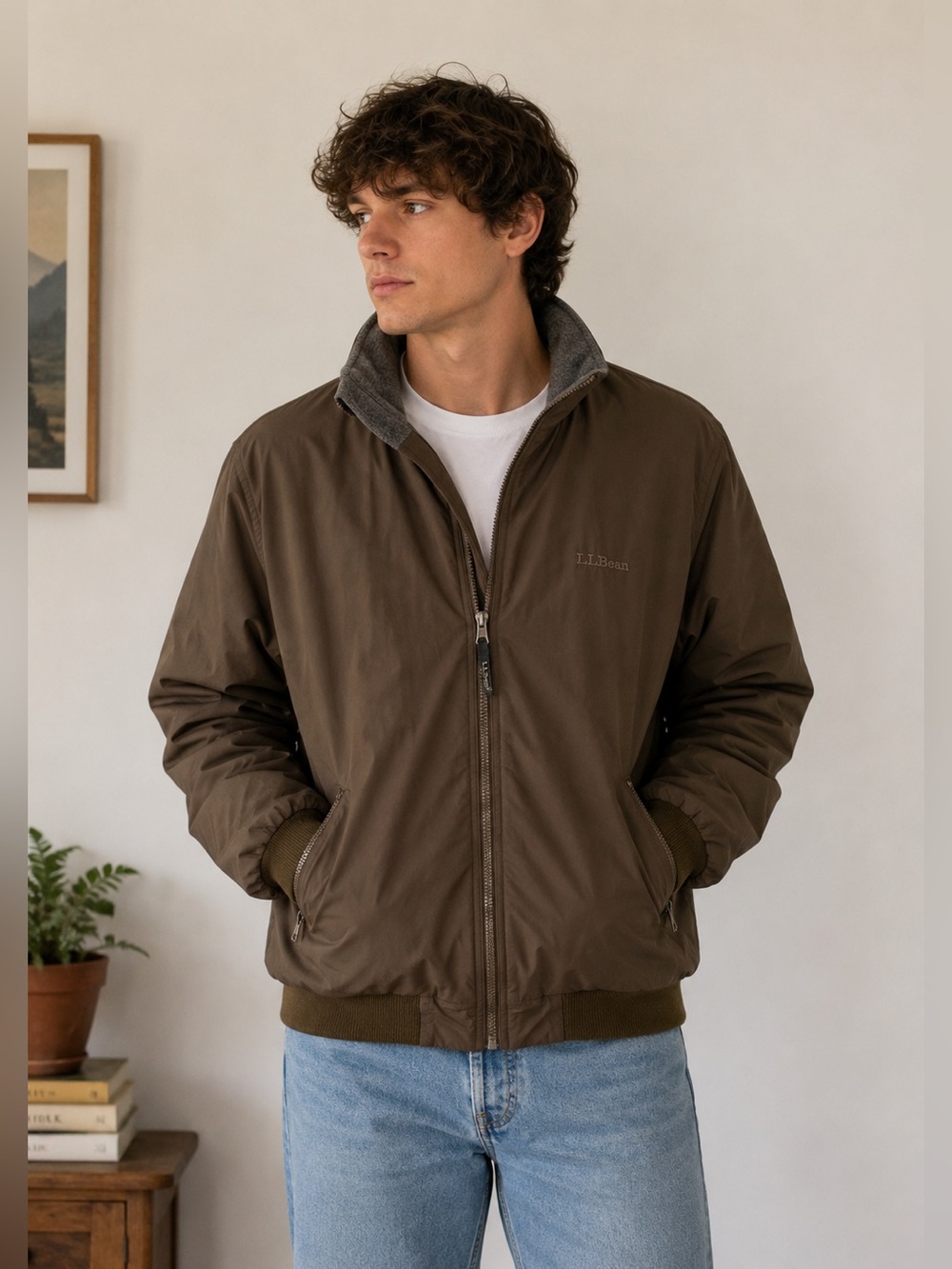 L.L.Bean Men’s Large Olive Green PrimaLoft Insulated Bomber Jacket Fleece Lined